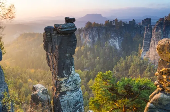 Framed Print : The Bastei in the background, Elbe Sandstone Mountains, Saxon Switzerland, Germany