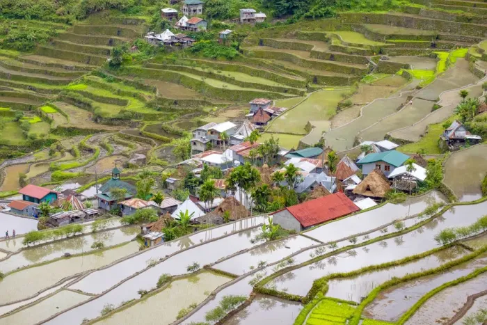 Framed Print : Batad village and flooded rice fields during early spring rice planting season, Banaue