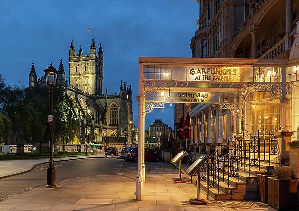 Bath Abbey and city centre at night, Bath, Somerset, England. Summer (June) 2019