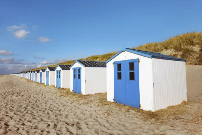 Framed Print : Bathing beach with beach cottages - Netherlands, North Holland, Texel Framed Print : Bathing beach with beach cottages - Netherlands, North Holland, Texel