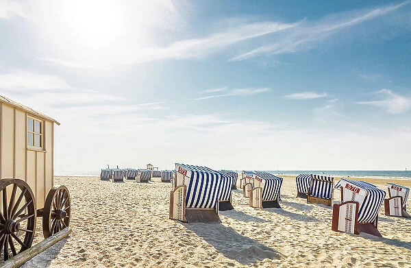 Bathing carts and beach chairs on the western beach of Norderney, East Frisian Islands, East Frisia, Lower Saxony, Germany