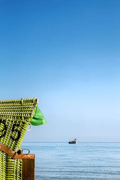 Beach basket facing the sea, Hohwacht, Baltic coast, Schleswig-Holstein, Germany
