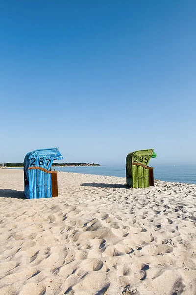 Beach baskets facing the sea, Hohwacht, Baltic coast, Schleswig-Holstein, Germany