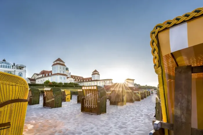 Framed Print : Beach baskets and Kurhaus at sundown, Binz, Rugen Island, Mecklenburg-Western Pomerania