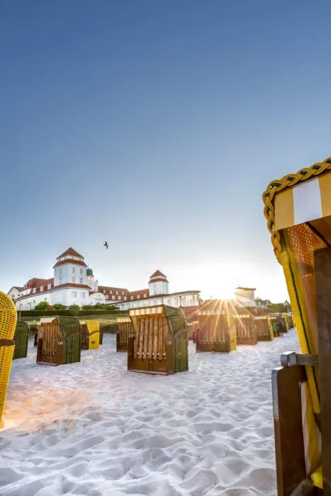 Framed Print : Beach baskets and Kurhaus at sundown, Binz, RAogen Island, Mecklenburg-Western Pomerania Framed Print : Beach baskets and Kurhaus at sundown, Binz, RAogen Island, Mecklenburg-Western Pomerania