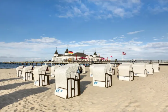 Framed Print : Beach baskets in front of pier, Ahlbeck, Usedom island, Mecklenburg-Western Pomerania Framed Print : Beach baskets in front of pier, Ahlbeck, Usedom island, Mecklenburg-Western Pomerania