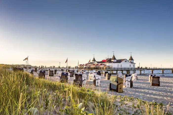 Framed Print : Beach baskets and pier, Ahlbeck, Usedom island, Mecklenburg-Western Pomerania, Germany