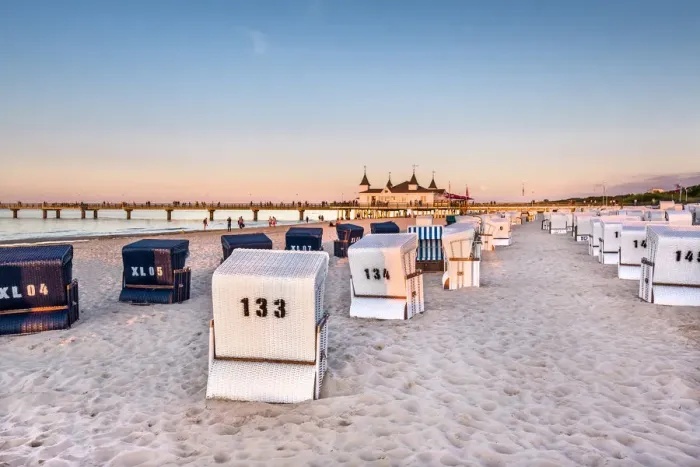 Framed Print : Beach baskets and pier at sunset, Ahlbeck, Usedom island, Mecklenburg-Western Pomerania Framed Print : Beach baskets and pier at sunset, Ahlbeck, Usedom island, Mecklenburg-Western Pomerania