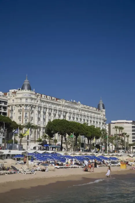 Framed Print : Beach and Boulevard de la Croisette with Carlton Hotel, Cannes, Cote D Azur, France