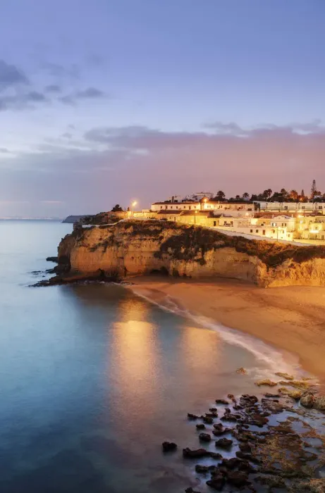 Framed Print : The beach of Carvoeiro at dusk. Algarve, Portugal