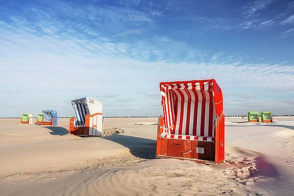 Beach chair at beach near Norddorf, Amrum island, Wadden sea, North Sea, North Friesland, Germany, Europe