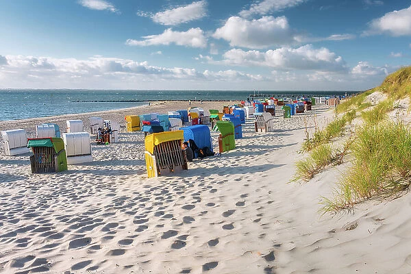 Beach chair at beach near Utersum, Fohr Island, North Sea, North Frisian Islands, Schleswig-Holstein Wadden Sea National Park, North Frisia, Schleswig-Holstein, Germany, Europe