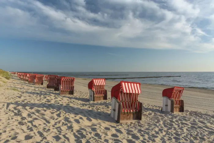 Framed Print : Beach chairs at beach, Kosserow, Usedom Island, Baltic Sea, Mecklenburg-Western Pomerania