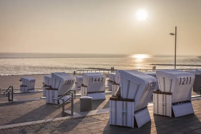 Framed Print : Beach chairs on the dike in Buesum, North Friesland, Schleswig-Holstein