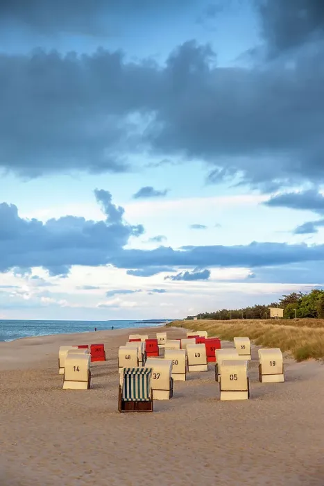 Framed Print : Beach chairs in the evening light in Prerow, Mecklenburg-Western Pomerania, Baltic Sea, Northern Germany, Germany