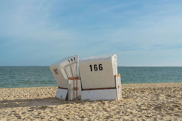 Beach chairs at Hornum beach on sunny day, Sylt, Nordfriesland, Schleswig-Holstein, Germany