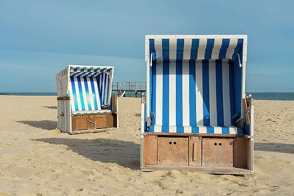 Beach chairs at Hornum beach on sunny day, Sylt, Nordfriesland, Schleswig-Holstein, Germany