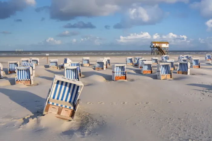 Framed Print : Beach chairs and Stilt house at beach, Sankt Peter-Ording, North Sea, North Frisia