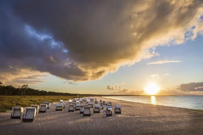 Framed Print : Beach chairs with sunset in Prerow, Mecklenburg-Western Pomerania, Northern Germany Framed Print : Beach chairs with sunset in Prerow, Mecklenburg-Western Pomerania, Northern Germany