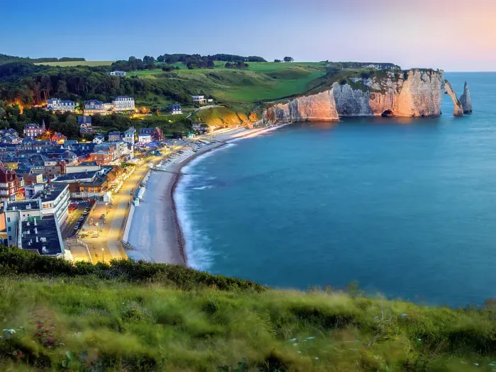 Framed Print : Beach and Cliff at sunset, illuminated ETRETAT Seine Maritime, Normany, France
