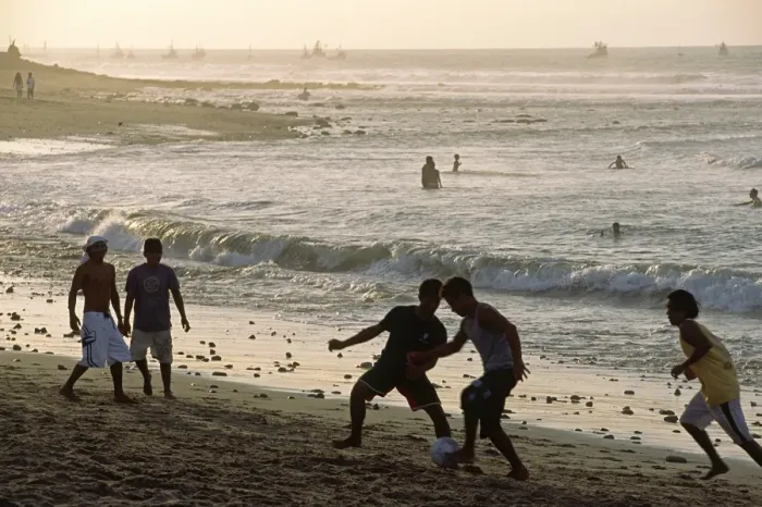Framed Print : Beach football at Mancora in northern Peru