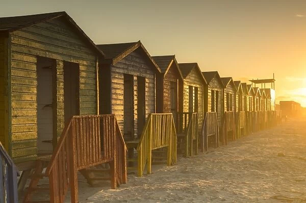 Beach huts on Muizenburg beach at dawn, Cape Town, Western Cape, South Africa