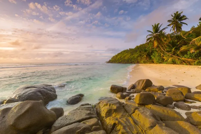 Framed Print : Beach at Sunrise, Mahe, Seychelles