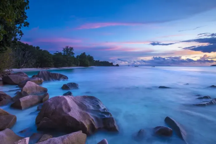 Framed Print : Beach at sunset, La Digue, Seychelles Framed Print : Beach at sunset, La Digue, Seychelles