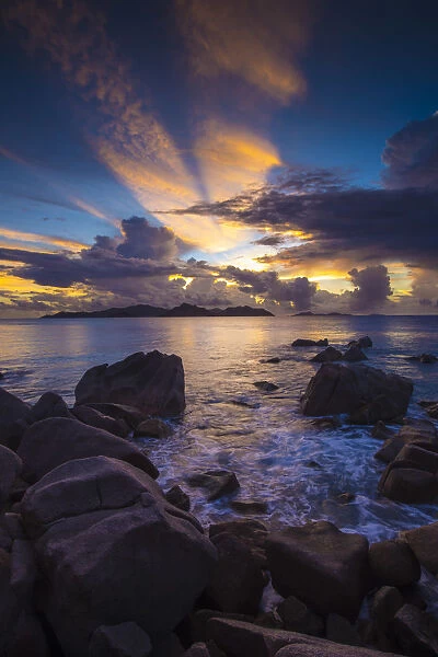 Beach at sunset, La Digue, Seychelles