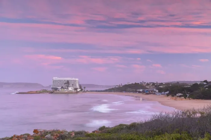 Framed Print : Beacon Island Resort and Hobie Beach at sunset, Plettenberg Bay, Western Cape, South