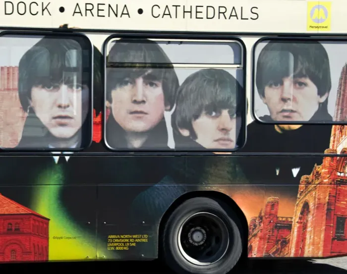 Framed Print : Beatles famous four on a bus in Liverpool, Merseyside, UK Framed Print : Beatles famous four on a bus in Liverpool, Merseyside, UK