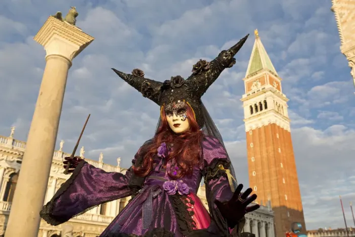 Framed Print : Beautiful costume and mask in front of Campanile at the Venice Carnival, Piazza San Marco