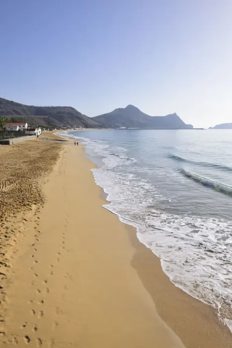 Framed Print : The beautiful golden sandy beach of Porto Santo island, 9 km long. Madeira, Portugal