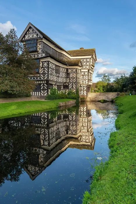 Framed Print : Beautiful Little Moreton Hall, an iconic Tudor half timber framed house near Congleton in Cheshire, England. Autumn (October) 2023
