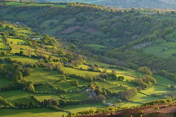 Beautiful morning sunlight on the rolling green fields of Bannau Brycheiniog, formerly known as the Brecon Beacons, from Sugar Loaf mountain, Abergavenny, Powys, Wales, UK. Spring (May) 2019