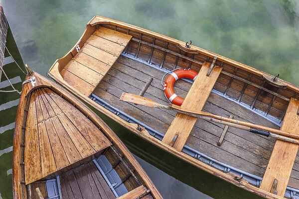 Beautiful old wooden rowing boats on Lake Braies, South Tyrol, Italy