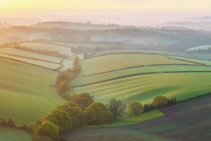 Framed Print : Beautiful spring dawn over patchwork rolling farmland, Crediton, Devon, England. Spring (April) 2024 Framed Print : Beautiful spring dawn over patchwork rolling farmland, Crediton, Devon, England. Spring (April) 2024