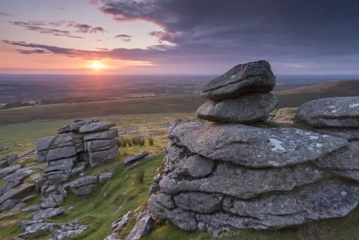 Framed Print : Beautiful sunset over Arms Tor, Dartmoor, Devon, England. Summer (August)