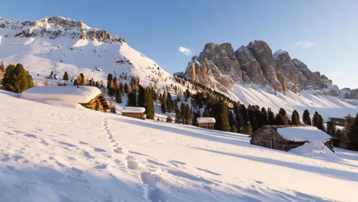 Framed Print : a beautiful sunset on the Geisler in Villn√∂ssertal with a group of mountain huts in the foreground, Bolzano province, South Tyrol, Trentino Alto Adige, Italy