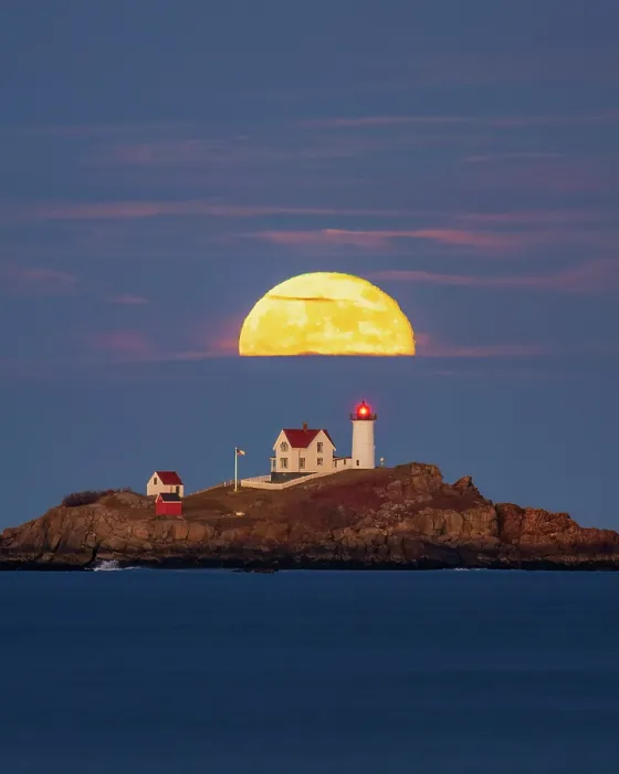Framed Print : Beaver Moon over Nubble Lighthouse, York, Maine, USA Framed Print : Beaver Moon over Nubble Lighthouse, York, Maine, USA