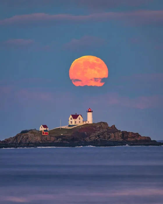 Framed Print : Beaver Moon rising over Nubble Lighthouse, York, Maine, USA Framed Print : Beaver Moon rising over Nubble Lighthouse, York, Maine, USA