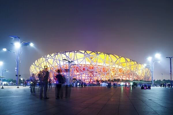 Beijing, China. Olympic park, National Stadium (called the birds nest) at night