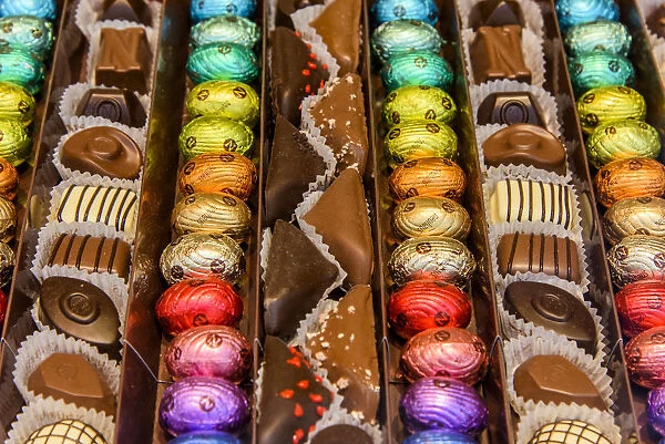 Belgian pralines and chocolate on sale in a chocolate shop at Galeries St-Hubert
