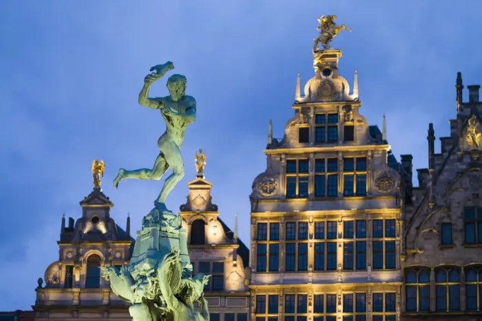 Framed Print : Belgium, Antwerp, Brabo Fountain and Grotemarkt, buildings, dusk Framed Print : Belgium, Antwerp, Brabo Fountain and Grotemarkt, buildings, dusk