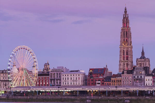 Belgium, Antwerp, city skyine from the Scheldt River, dusk