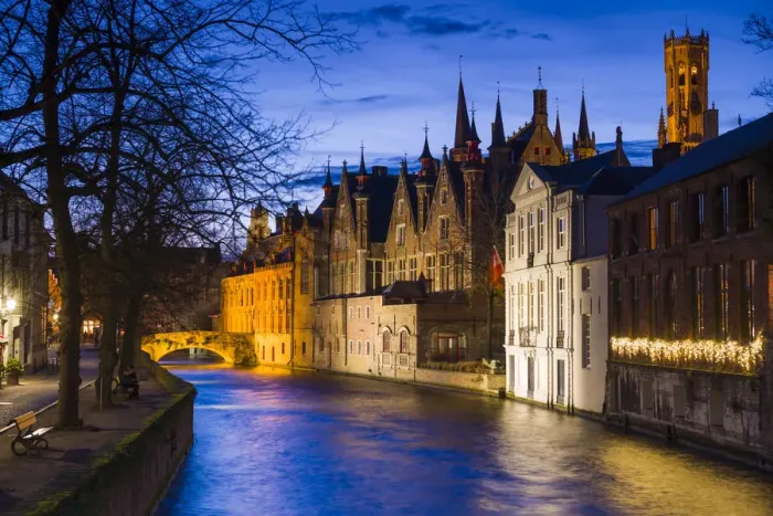 Framed Print : Belgium, Bruges, canalside buildings and Belfort Tower, dusk Framed Print : Belgium, Bruges, canalside buildings and Belfort Tower, dusk