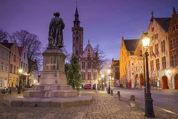 Belgium, Bruges, Jan van Eyck Square, dawn