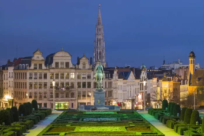 Framed Print : Belgium, Brussels, Mont des Arts, city skyline with Hotel de Ville tower, dawn Framed Print : Belgium, Brussels, Mont des Arts, city skyline with Hotel de Ville tower, dawn