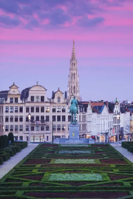 Framed Print : Belgium, Brussels, Mont des Arts, city skyline with Hotel de Ville tower, dawn