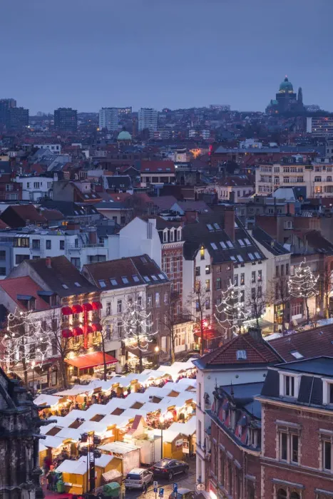 Framed Print : Belgium, Brussels, Place Ste-Catherine, Christmas Market, elevated view, dusk Framed Print : Belgium, Brussels, Place Ste-Catherine, Christmas Market, elevated view, dusk